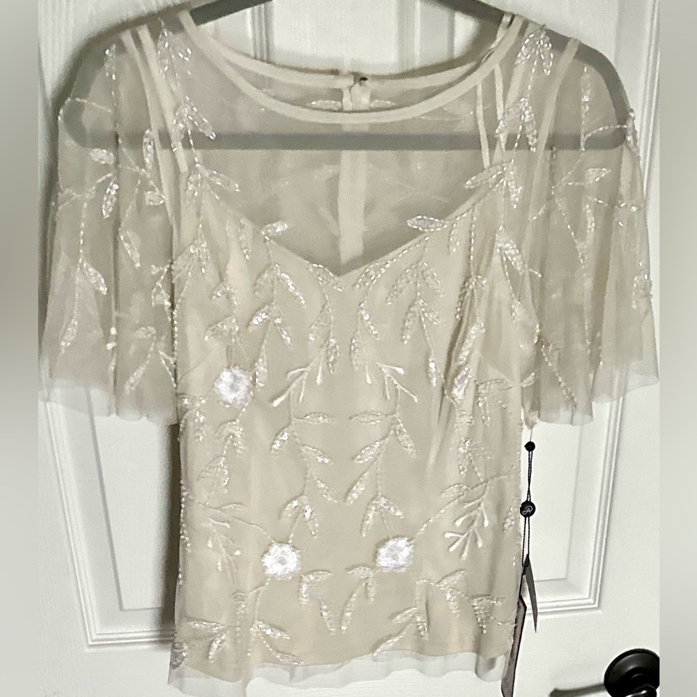 Adrianna Papell Beaded Flutter Sleeve Top Ivory Pearl Size 4
